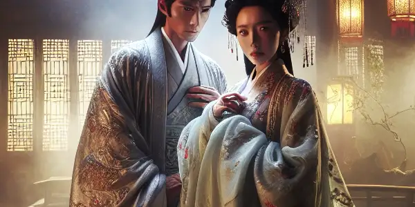 A tense interaction between Ximen Qing and Pan Jinlian in an ancient Chinese courtyard, filled with intrigue and emotion.