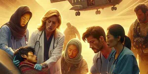 A rescue operation in rugged Xinjiang mountains, showcasing diverse individuals united in compassion for an injured boy.