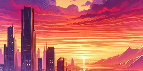 A young couple gazes longingly at each other amidst a vibrant cityscape and serene nature, under a colorful sunset.