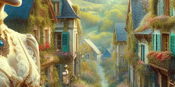 A young woman in a Victorian gown gazes longingly in a vintage French countryside village, embodying Madame Bovary's emotional struggles.