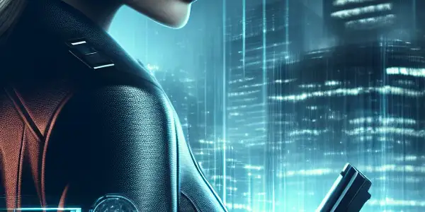 A fierce female spy in a futuristic outfit prepares for action in a neon-lit urban night scene.